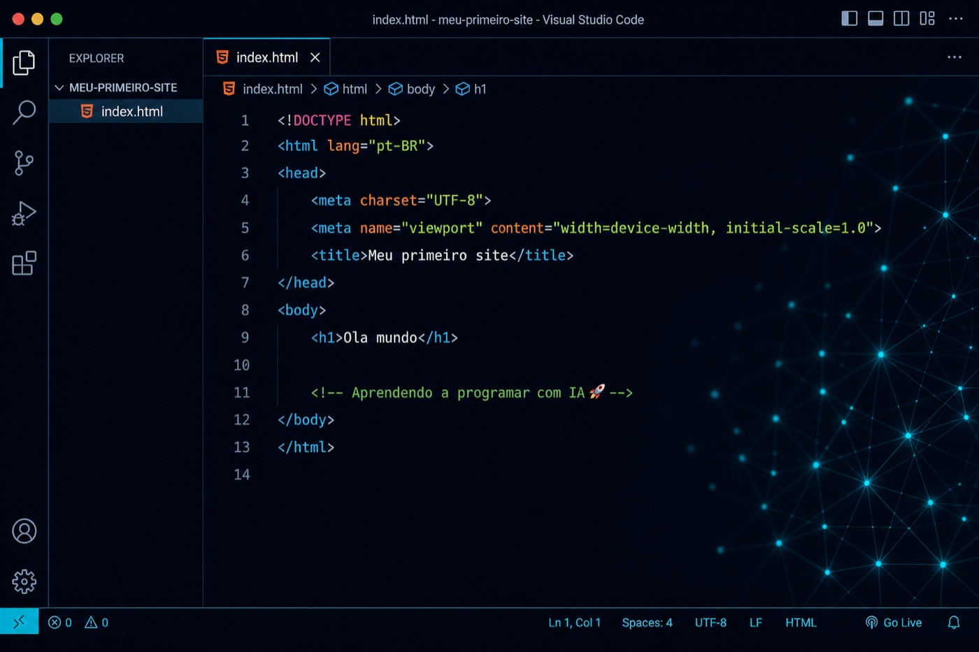 Editor VS Code com código HTML e rede neural